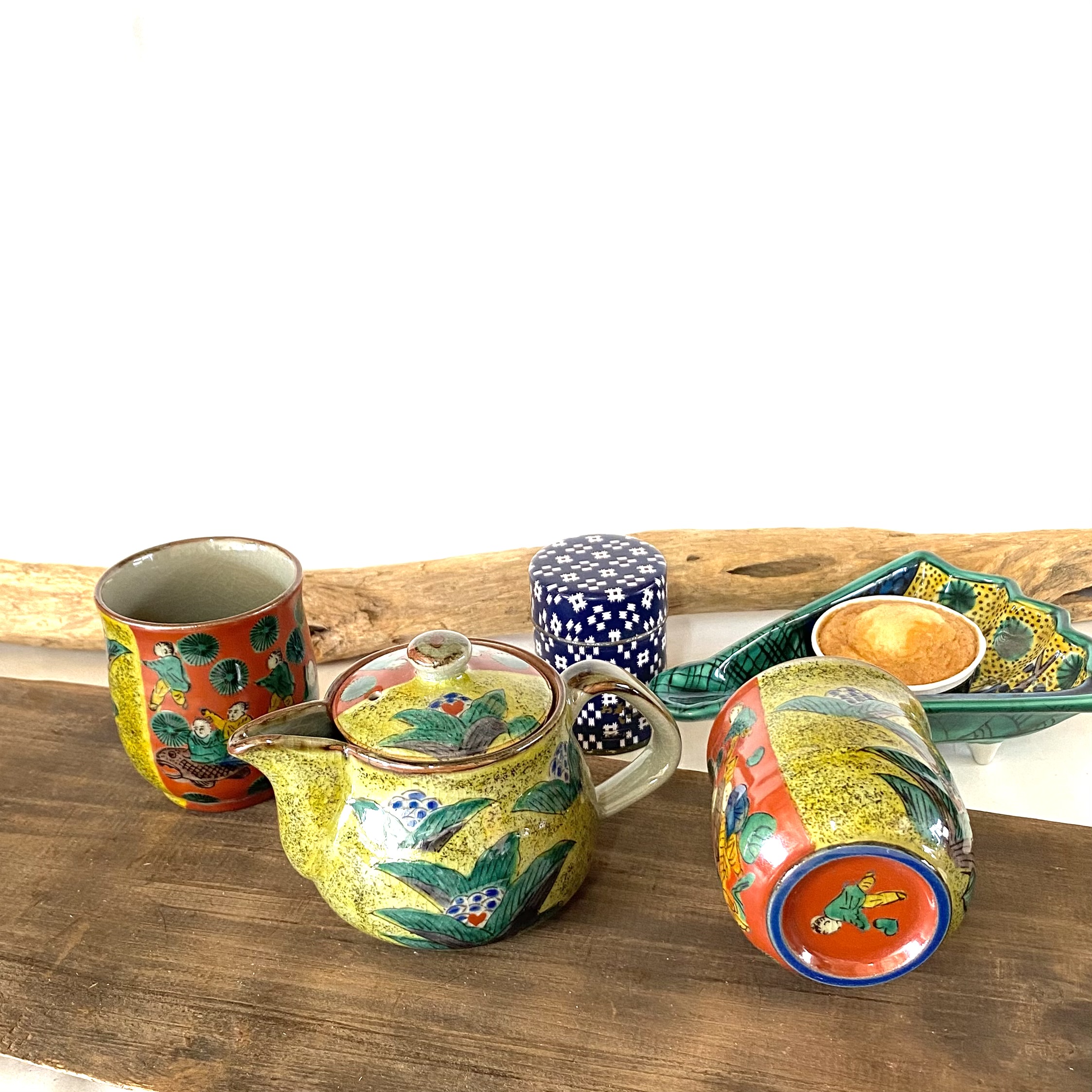 九谷焼 高級 陶磁器 急須3点セット 小 吉田屋万年青 ハート 裏絵