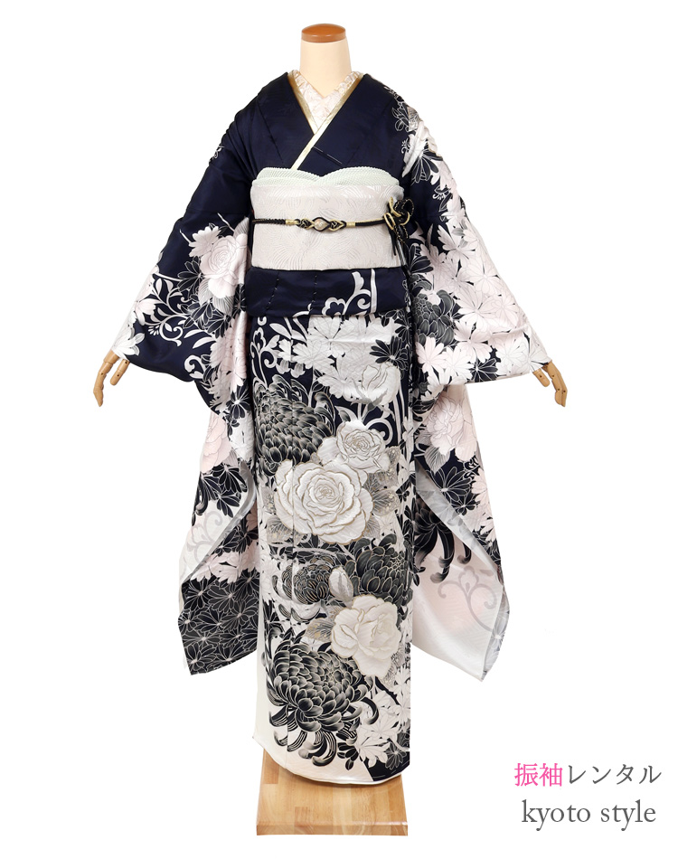 振袖レンタル 紺 ネイビー セミオーダー フルセット 成人式 結婚式