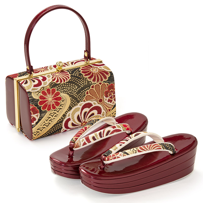 草履バッグセット 厚底草履 あしなが効果 エナメル 金襴 S M L LL