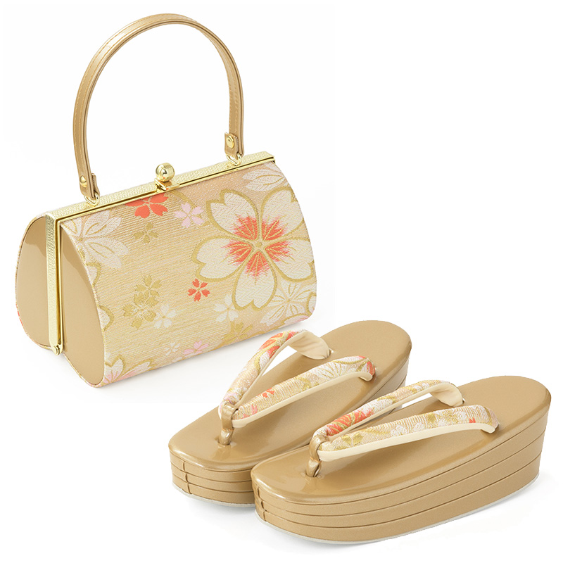 草履バッグセット 厚底草履 あしなが効果 エナメル 金襴 S M L LL