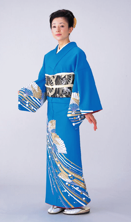 訪問着 胴抜き 女性 踊り 絵羽 洗える着物 ブルー 扇面 風花 : カメヤ