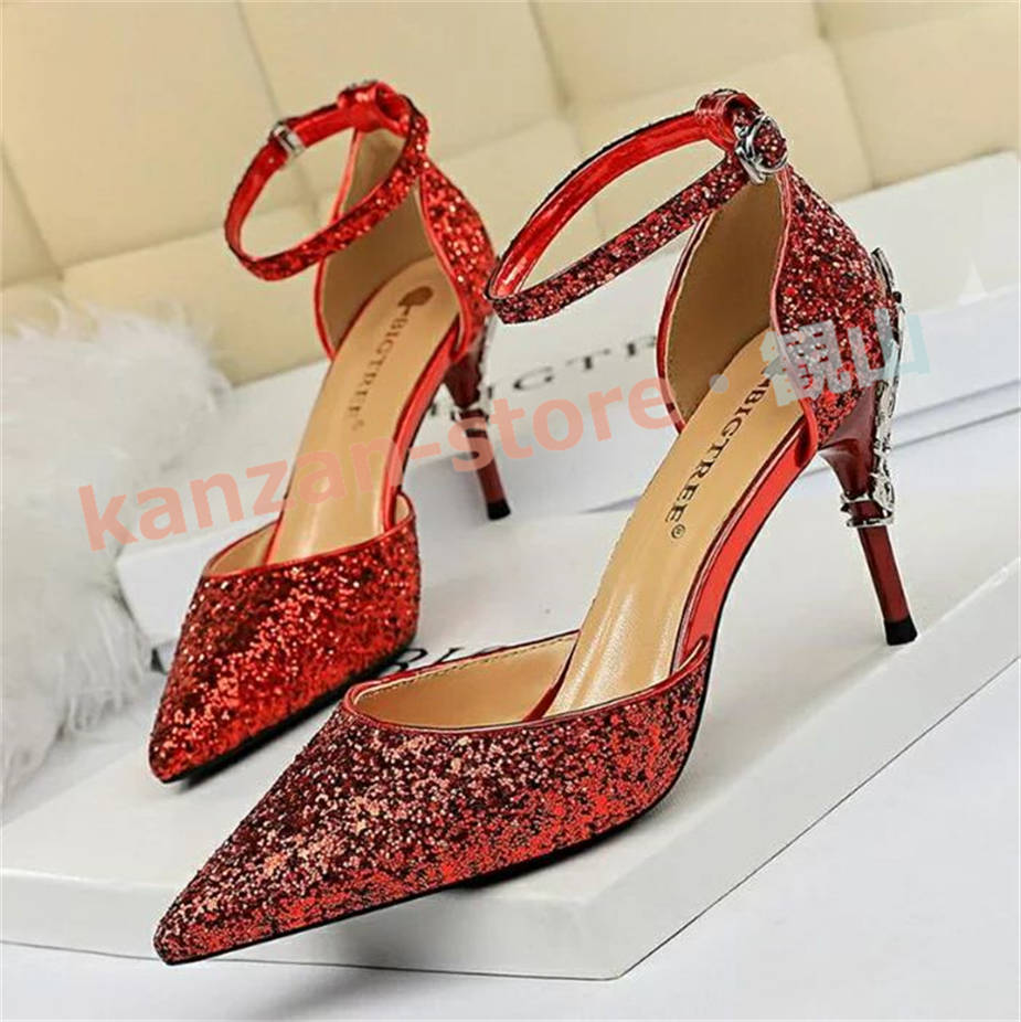 アンクルストラップパンプス キラキラ パンプス ハイヒール ポイン