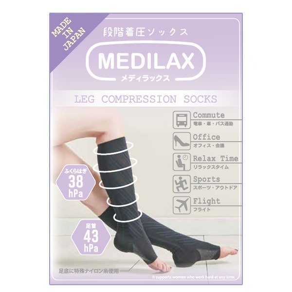 MEDILAX 着圧ソックス つま先なしタイプブラックロング 男女兼用 段階