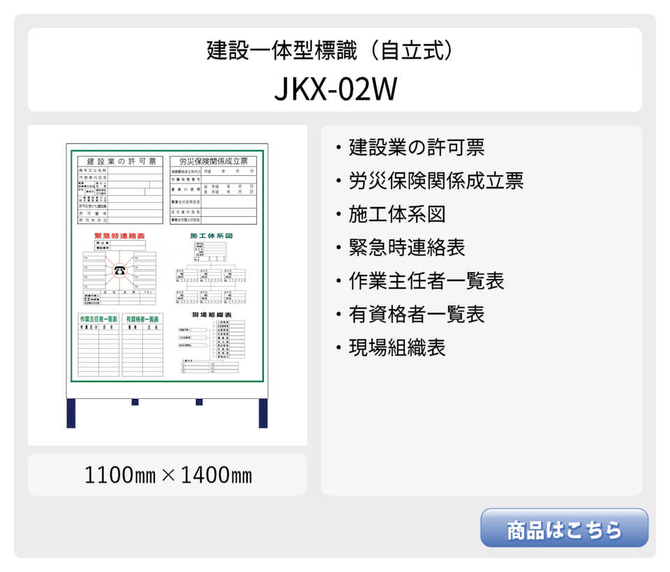建設一体型標識 JKX-01W 自立式鉄枠付き 建設業の許可票 / 労災保険