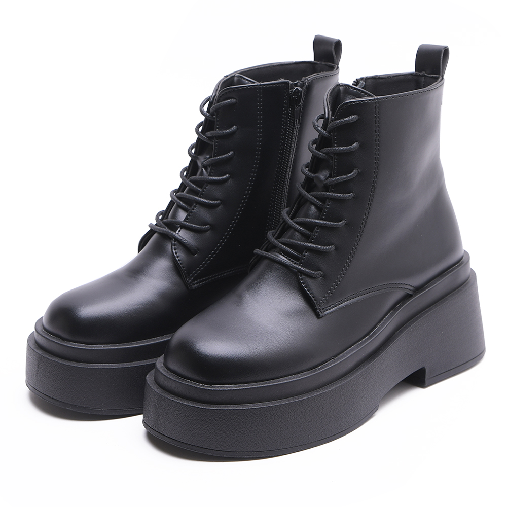 ショートブーツ レディース ローヒール 厚底 レースアップ 編み上げ