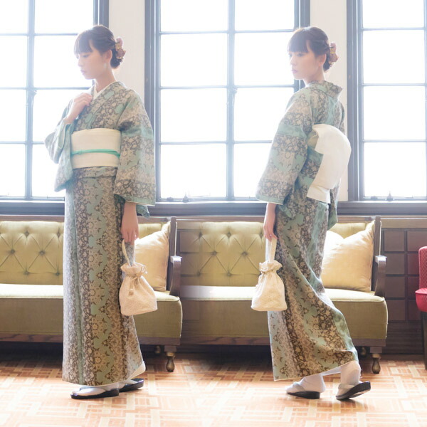 KIMONOMACHI 洗える着物 袷着物単品 「縞更紗 水色」 オリジナル