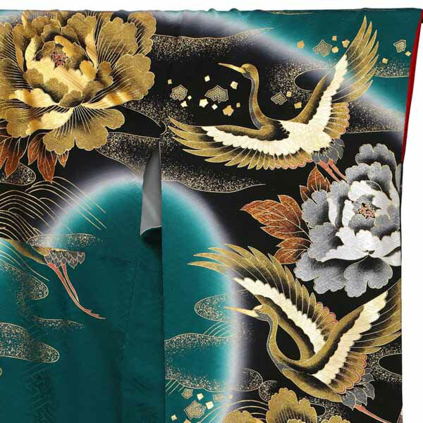 未仕立て 振袖 22点セット「桂由美 深緑 牡丹に流水と鶴」仮絵羽