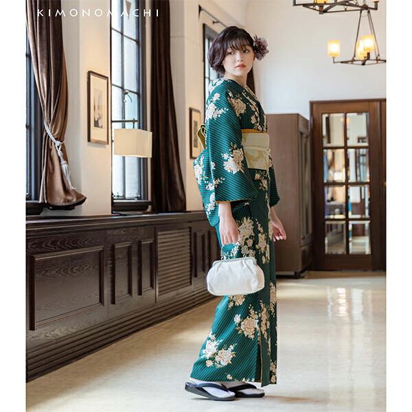 KIMONOMACHI 洗える着物 セット「袷着物：ストライプブーケ グリーン＋