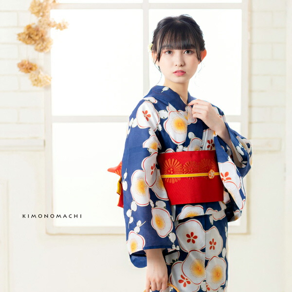 KIMONOMACHI 浴衣 レディース 浴衣と帯の2点セット 「浴衣 紺色 梅＋