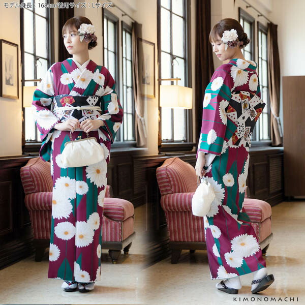 KIMONOMACHI 洗える着物 セット「袷着物：矢羽根に菊紫＋京袋帯：黒