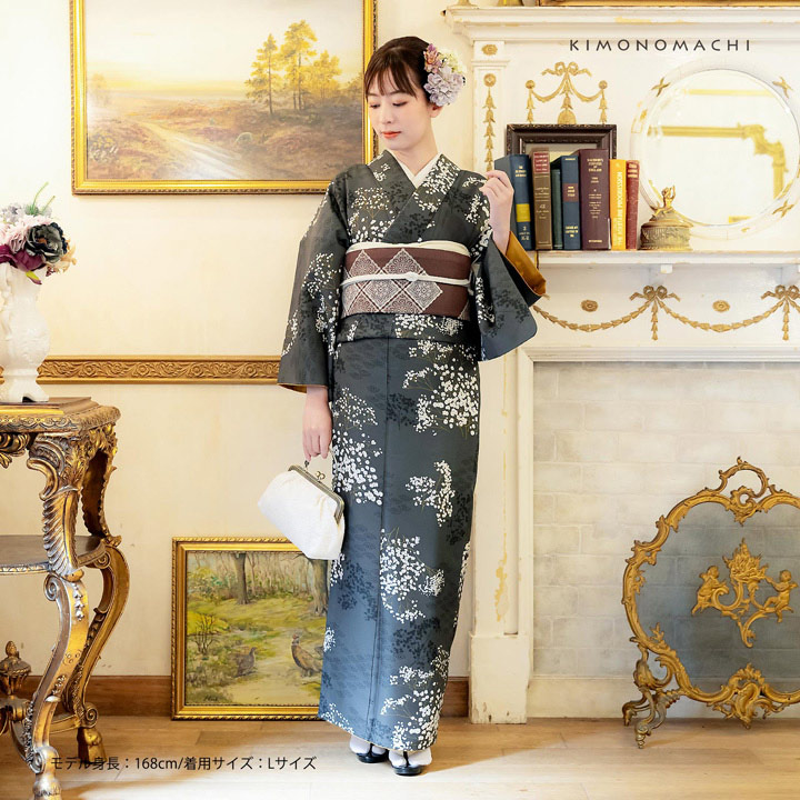 KIMONOMACHI 洗える着物 セット「袷着物：かすみ草に青海波墨色＋京