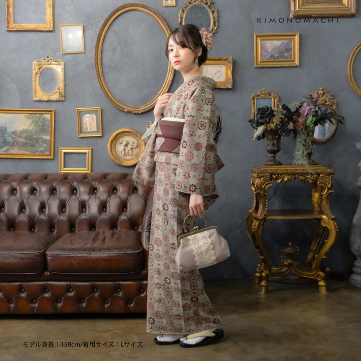 KIMONOMACHI 洗える着物 セット「袷着物：丸花更紗に菱灰釉色＋京袋帯