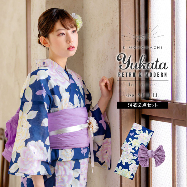 KIMONOMACHI 浴衣 レディース 浴衣と帯の2点セット 「浴衣 ブルー 薔薇