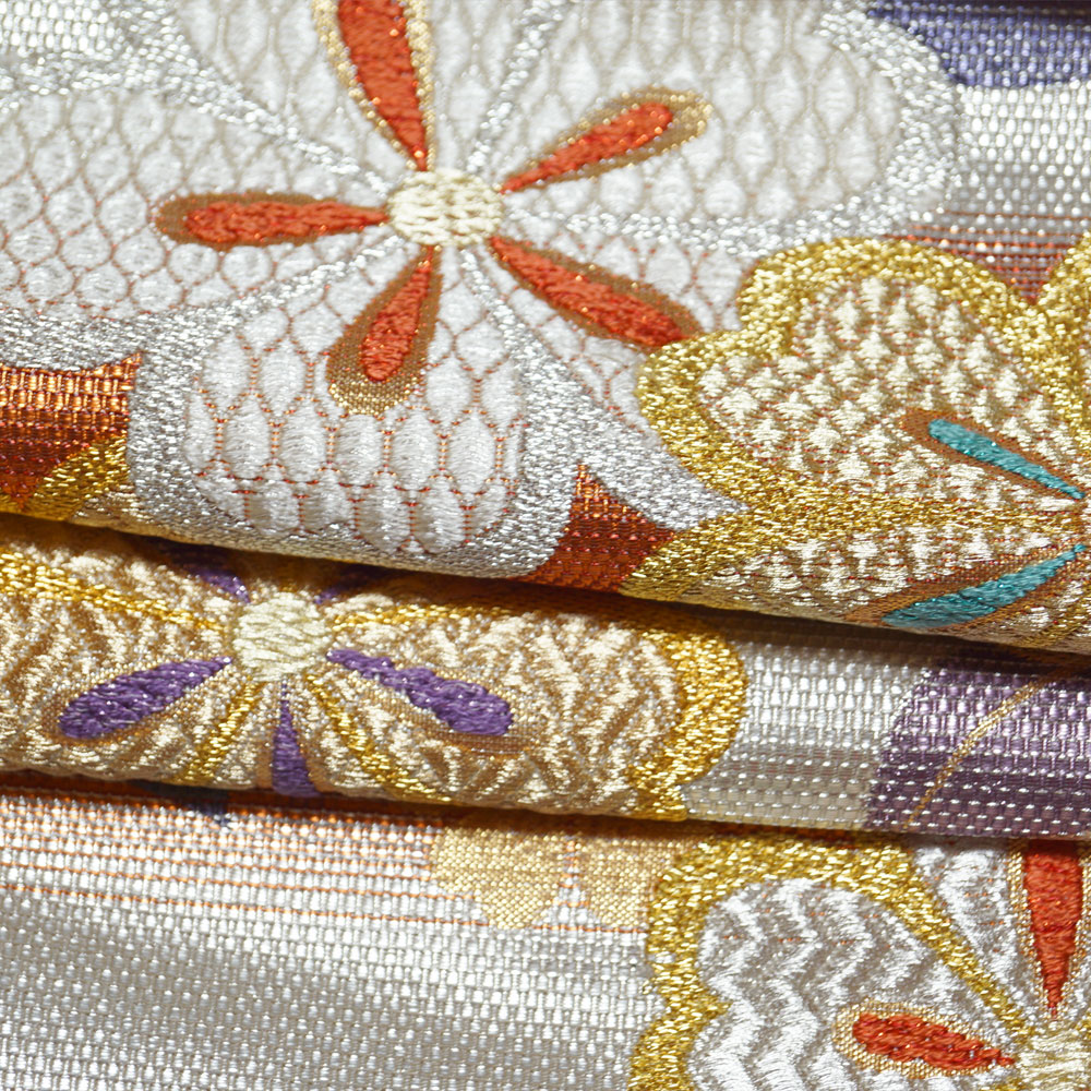 袋帯 段ぼかしに桜花模様 六通柄 金糸 銀糸 振袖向き 帯 送料無料 中古