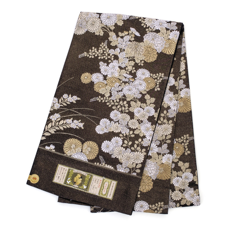 袋帯 正絹 西陣織 岡文織物謹製 ブラック 黒 ゴールド 金 六通 色留袖