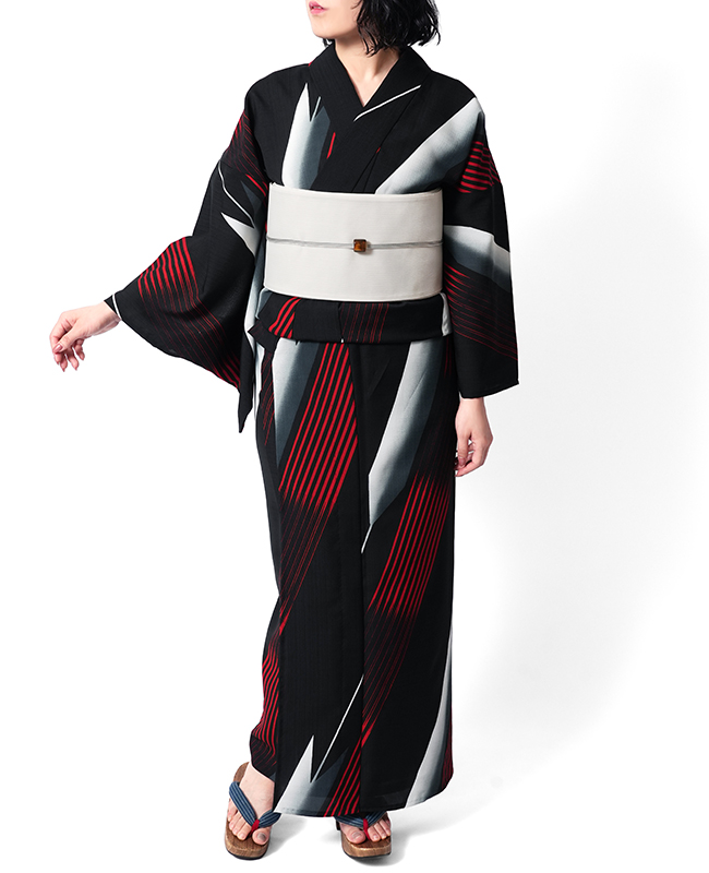 浴衣 JUNKO KOSHINO セオアルファ 矢羽根 縞 白 黒 赤 モノトーン