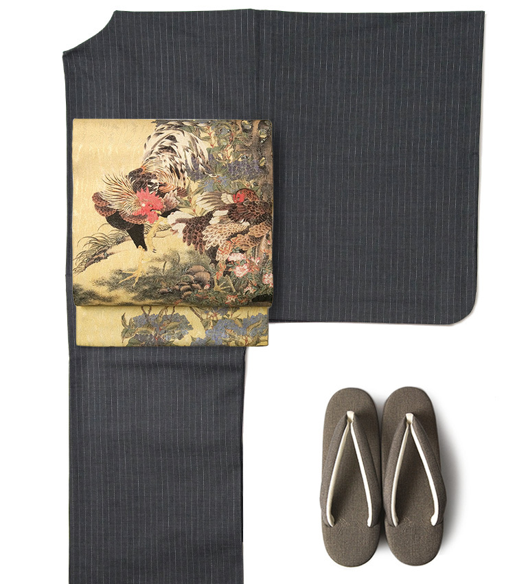 名古屋帯 伊藤若冲 紫陽花双鶏図 黄色 鳥 日本画 芸術 美術 アート 絹