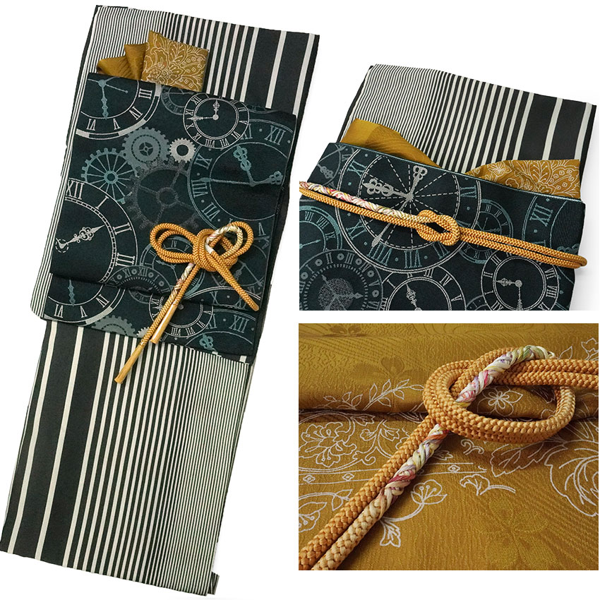 洗える 着物 4点セット オリジナル 袷 M 黒 縞 帯 帯揚げ 帯締め名古屋