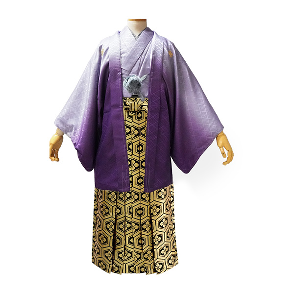 着物 羽織 袴 3点セット 紋付 成人式 卒業式 紫ボカシ 金 銀 亀甲 龍
