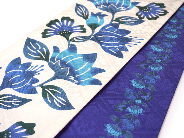 半幅帯 リバーシブル 絹 日本製 紅型 琉球更紗 花 アマゾンリリー