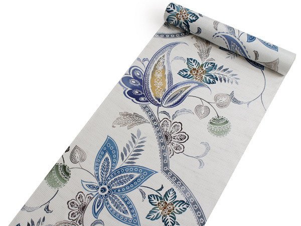 正絹 名古屋帯 紬 グレー ブルー グリーン 茶 イエロー リーフ 花 更紗