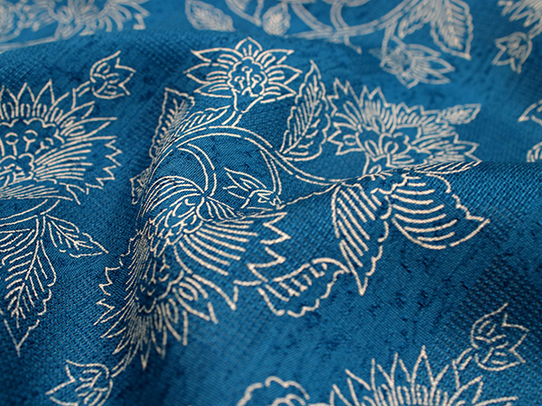 夏着物 反物 正絹 紬 フルオーダー 仕立て付き 暗い藍色 花唐草 丹後