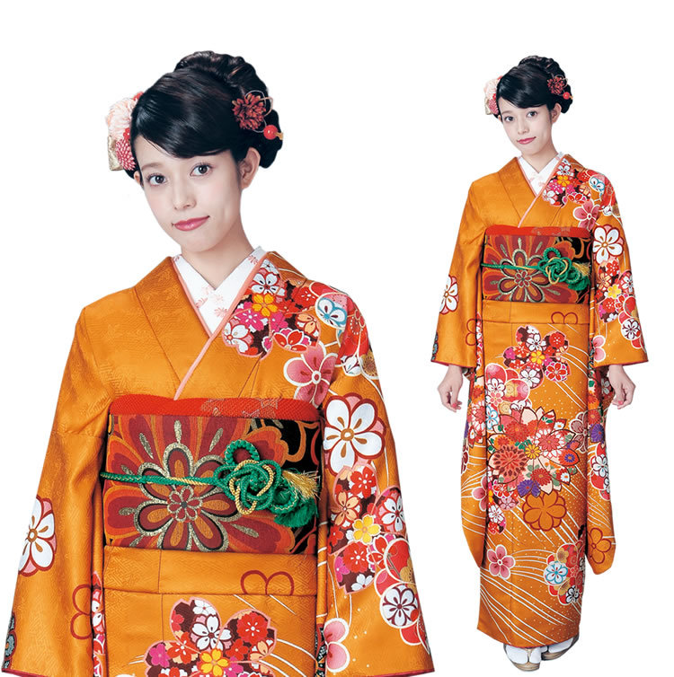 H.L（アッシュ・エル） 振袖3点セット 渋濃オレンジ地吉祥華紋 振袖