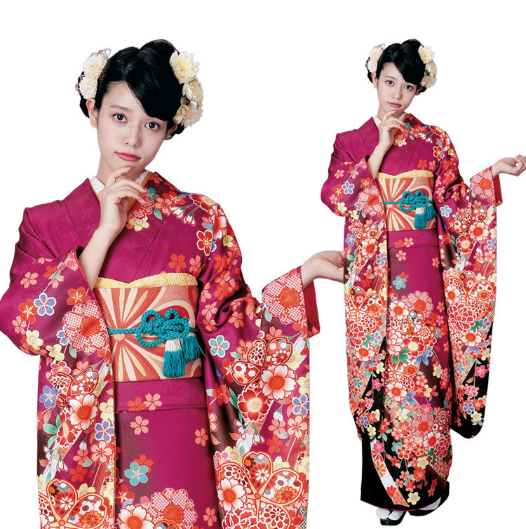 H.L（アッシュ・エル） 振袖3点セット 渋濃ピンク紫地熨斗に吉祥華紋