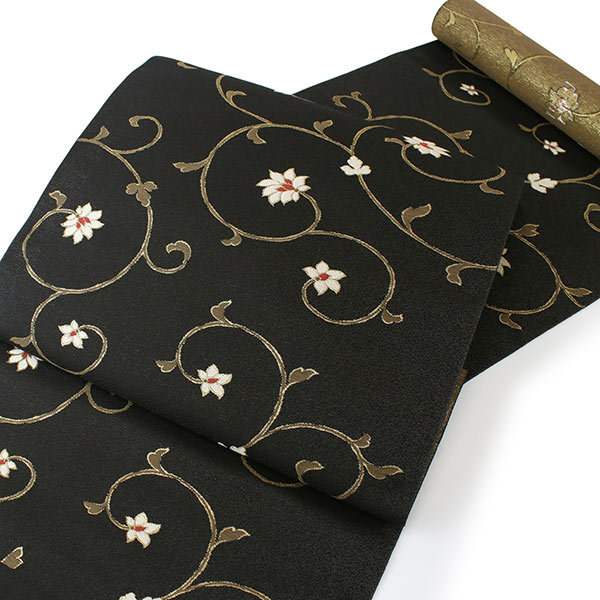 名古屋帯 正絹 新品 未仕立て 仕立てつき 西陣織 反物 黒 藤色 緑 華紋