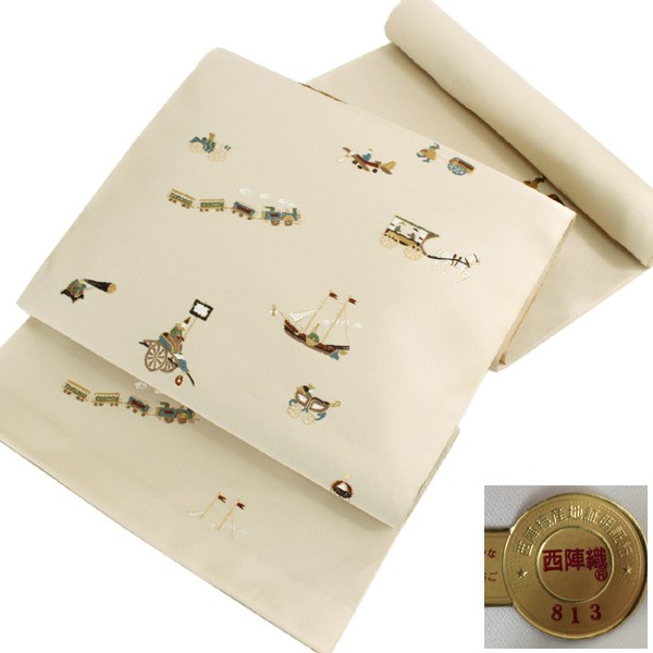 名古屋帯 正絹 新品 未仕立て 仕立てつき 西陣織 反物 ベージュ 文明