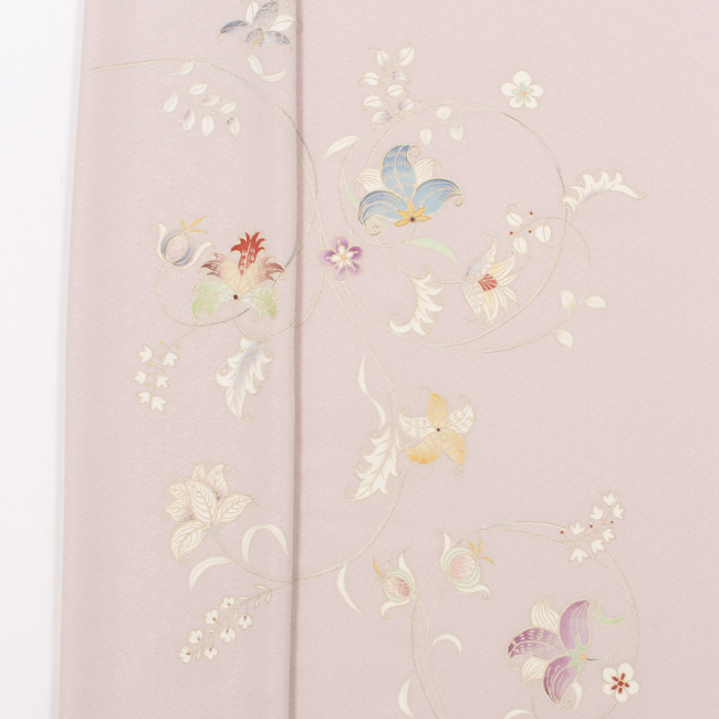 きもの 和 付け下げ 付下げ 着尺 手描き 京友禅 正絹 唐花文様 灰桜色