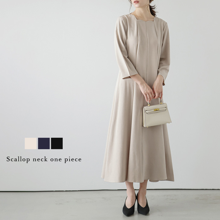 スカラップネック ワンピース 7分袖 Aライン2025春夏新作【lswpss24
