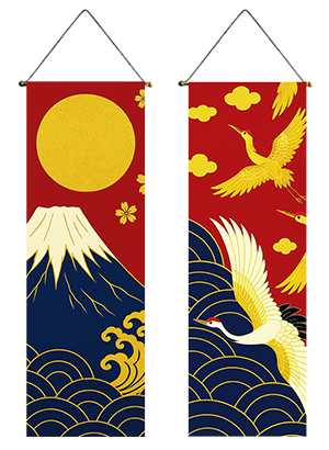 2枚セット】タペストリー 掛け軸 鶴 富士 日の出 亀 松竹梅 吉祥模様