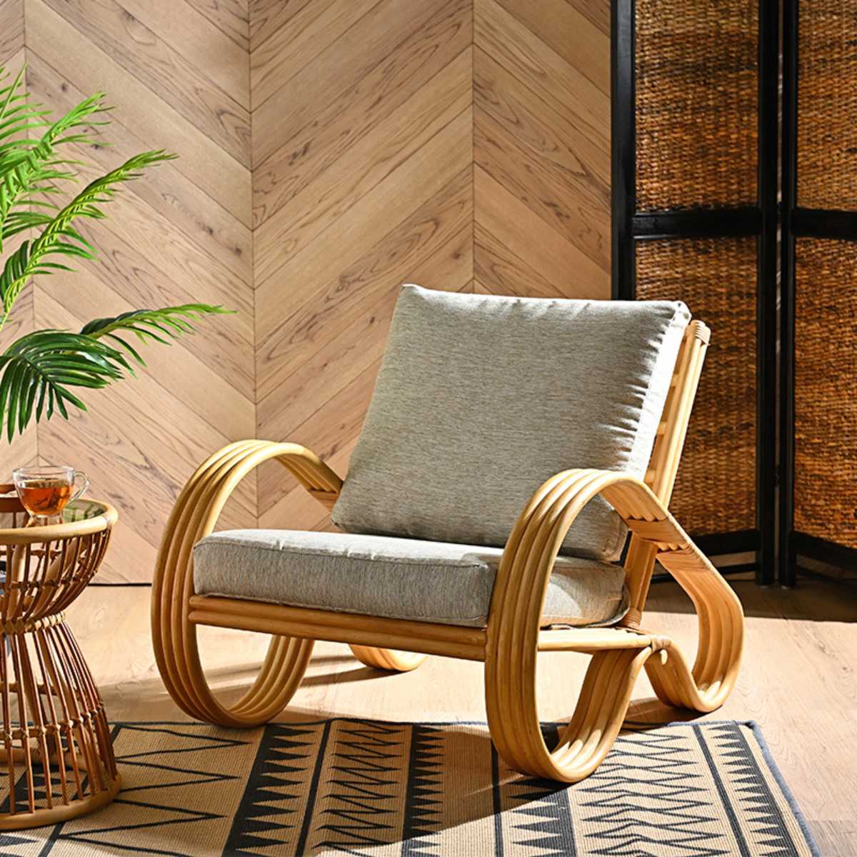 一人掛けチェア ラタン 座面高33cm クッション付 天然木 OHANA