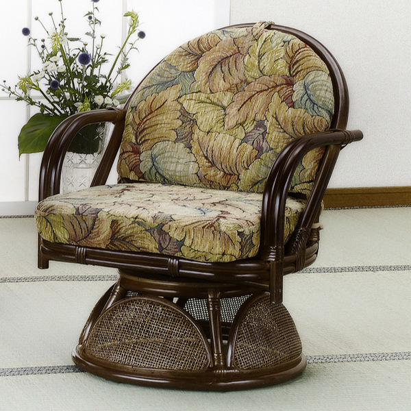 今枝商店 籐 ラウンドチェア ジャガード リーフ柄 クッション付 座面高