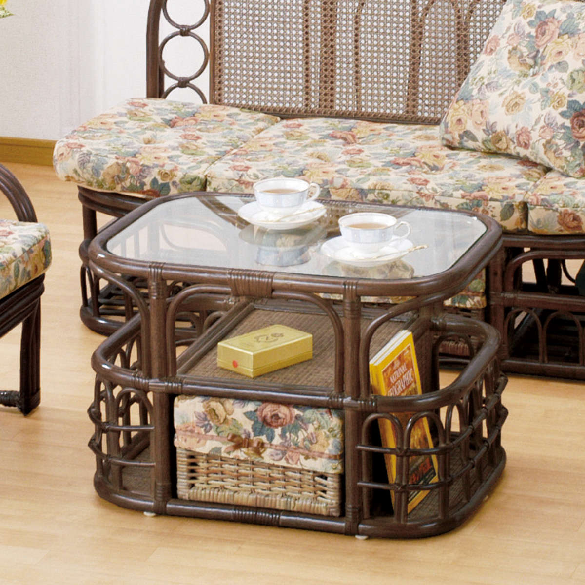 今枝商店 籐 収納付 ローテーブル ガラス天板 幅65cm （ センター