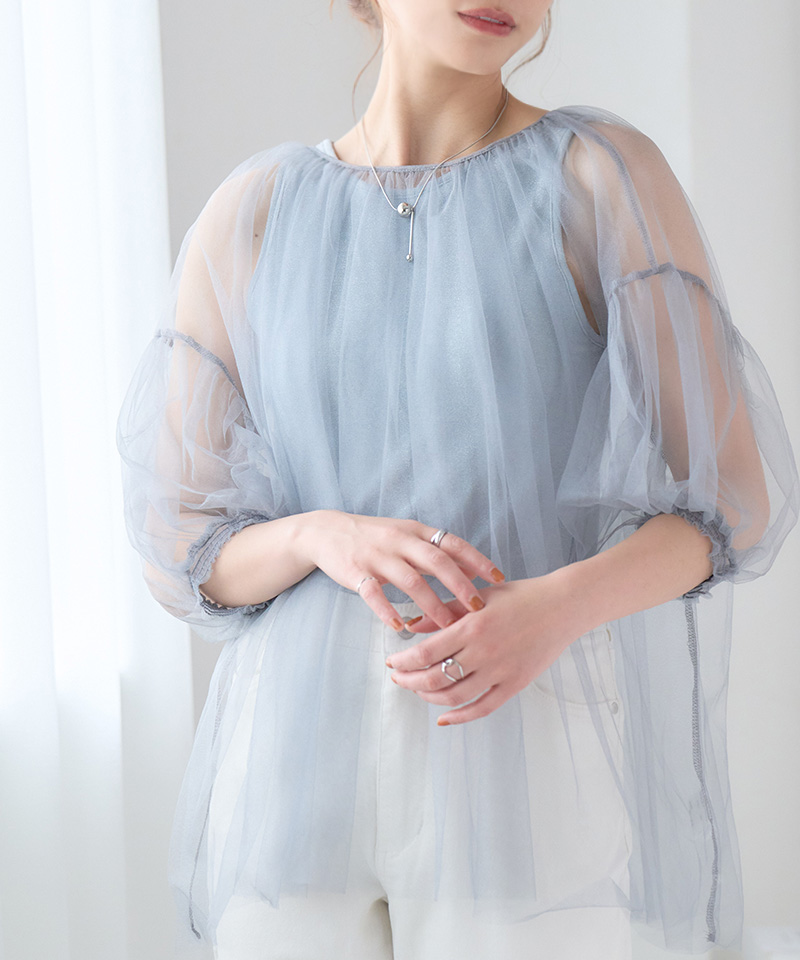 チュール ブラウス レイヤード ギャザーブラウス ラメ シアー チュール