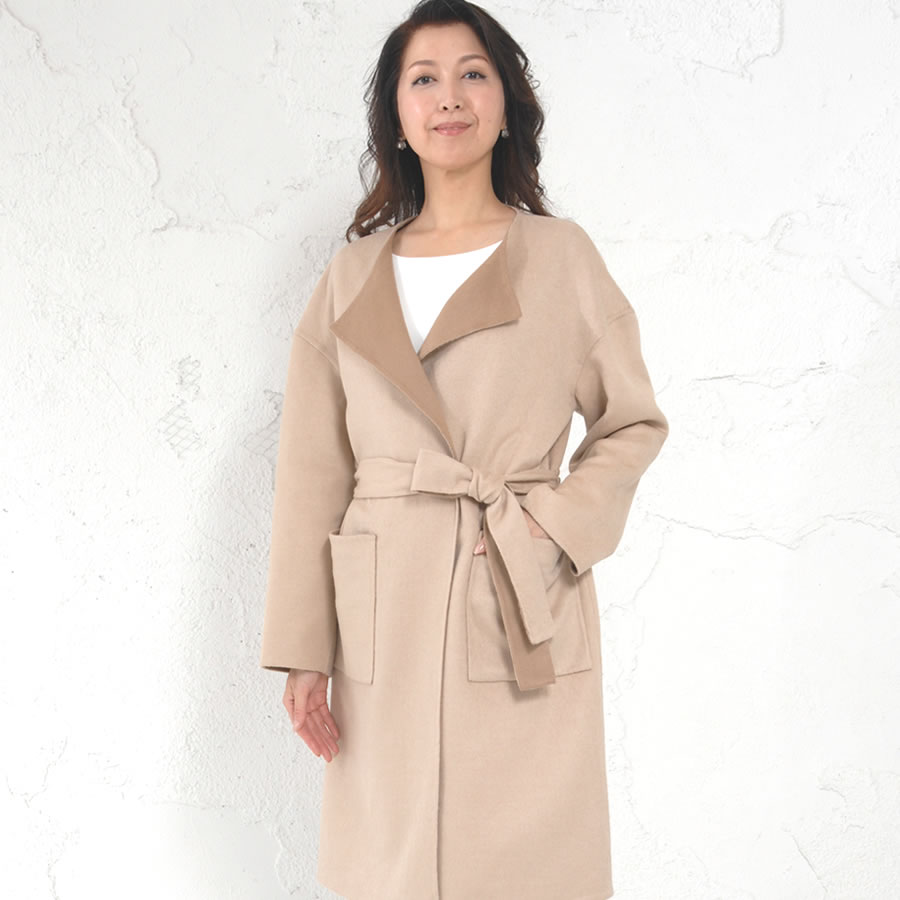 爆買 ノーカラーコートウール混 ダブル フェイス ラップ リバーシブル