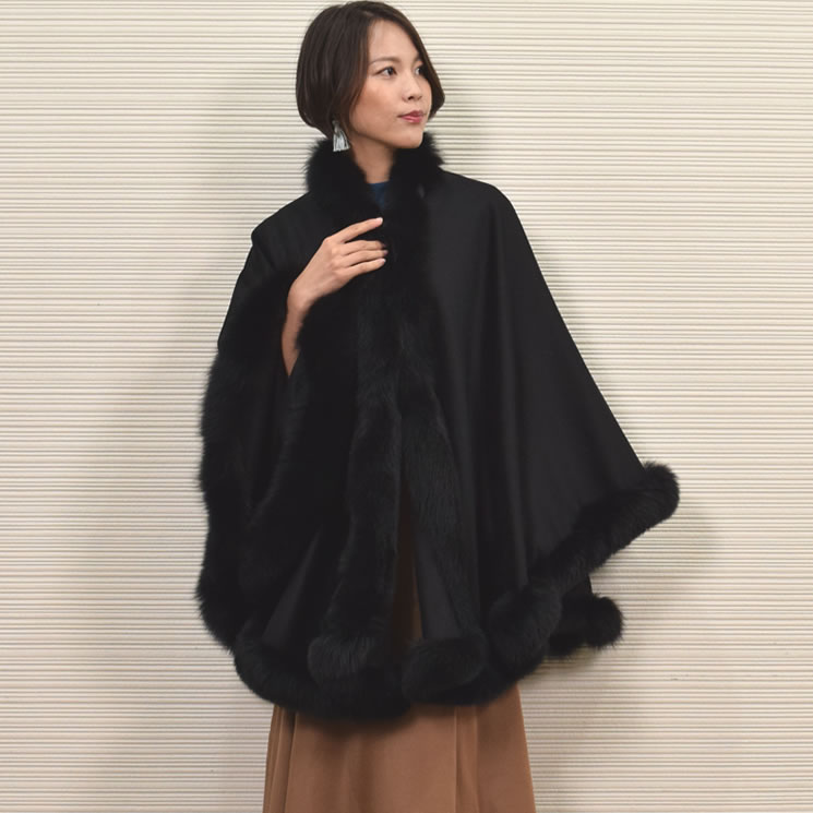 爆買 ポンチョ ケープ 日本製 カシミヤ 100％SAGA フォックス トリム