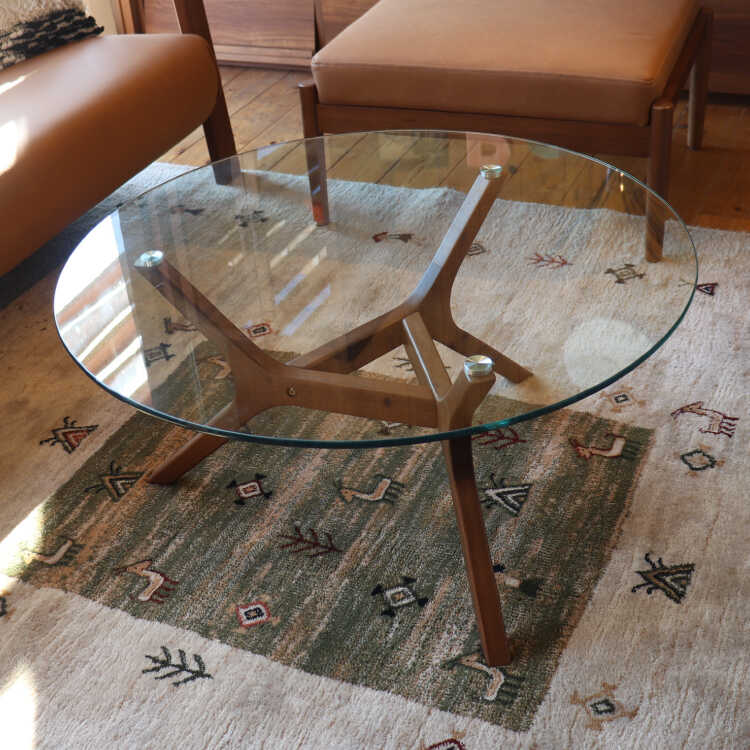 リビングテーブル 丸 ガラス おしゃれ 直径80cm 木脚 ミッド