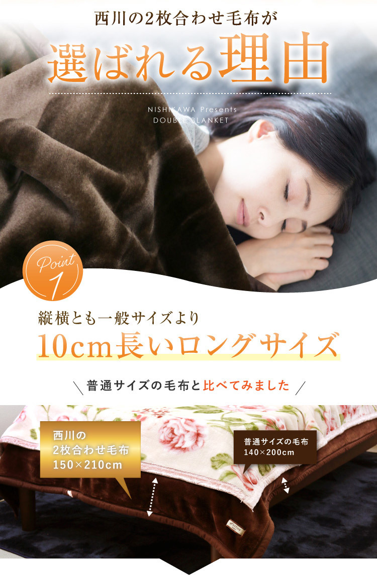 毛布 2枚合わせ 西川 送料無料 ダブルロングサイズ 190×210cm (2NY3129