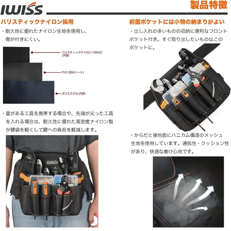 IWISS（アイウィス） ツールバッグ 工具差し入れ 腰袋 ベルト付き 電工