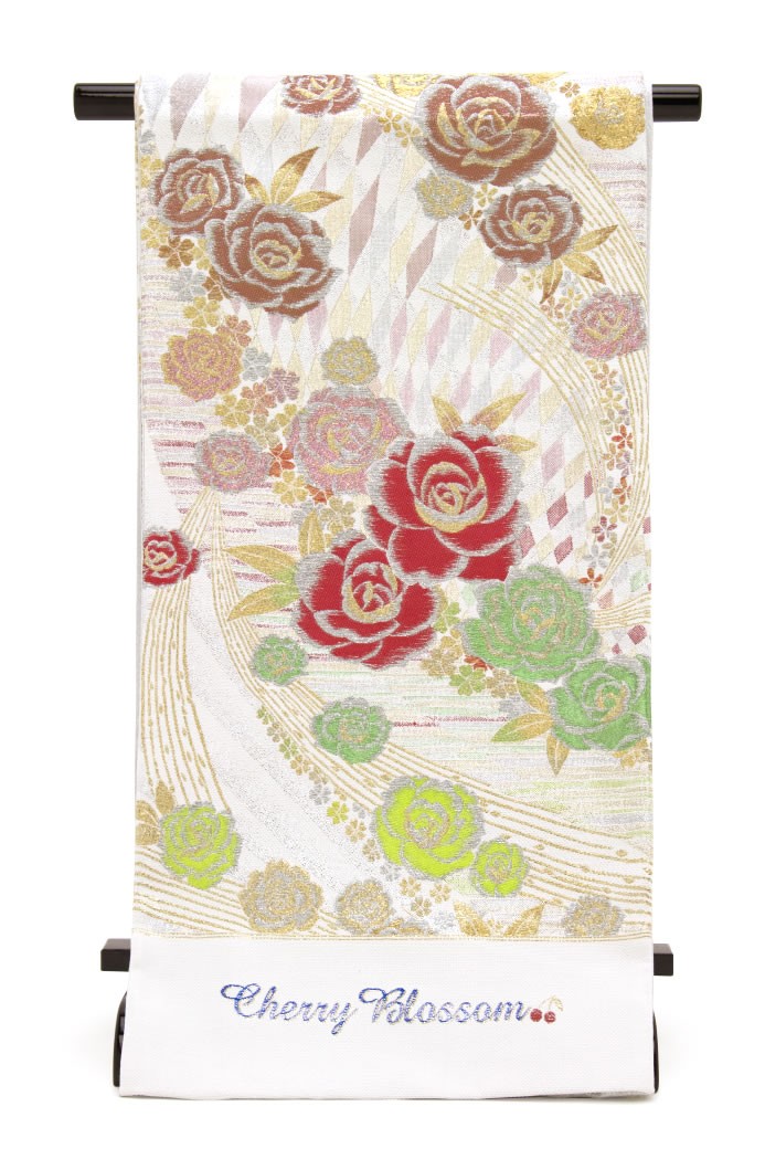 未仕立て】袋帯 振袖用 白 オフホワイト 金銀色 薔薇 バラ 菱 花 六通