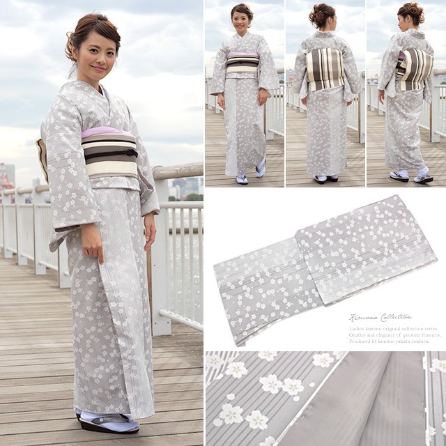 洗える着物 グレー 染め縮緬 桜 袷 プレタ着物 : きもの館 創美苑