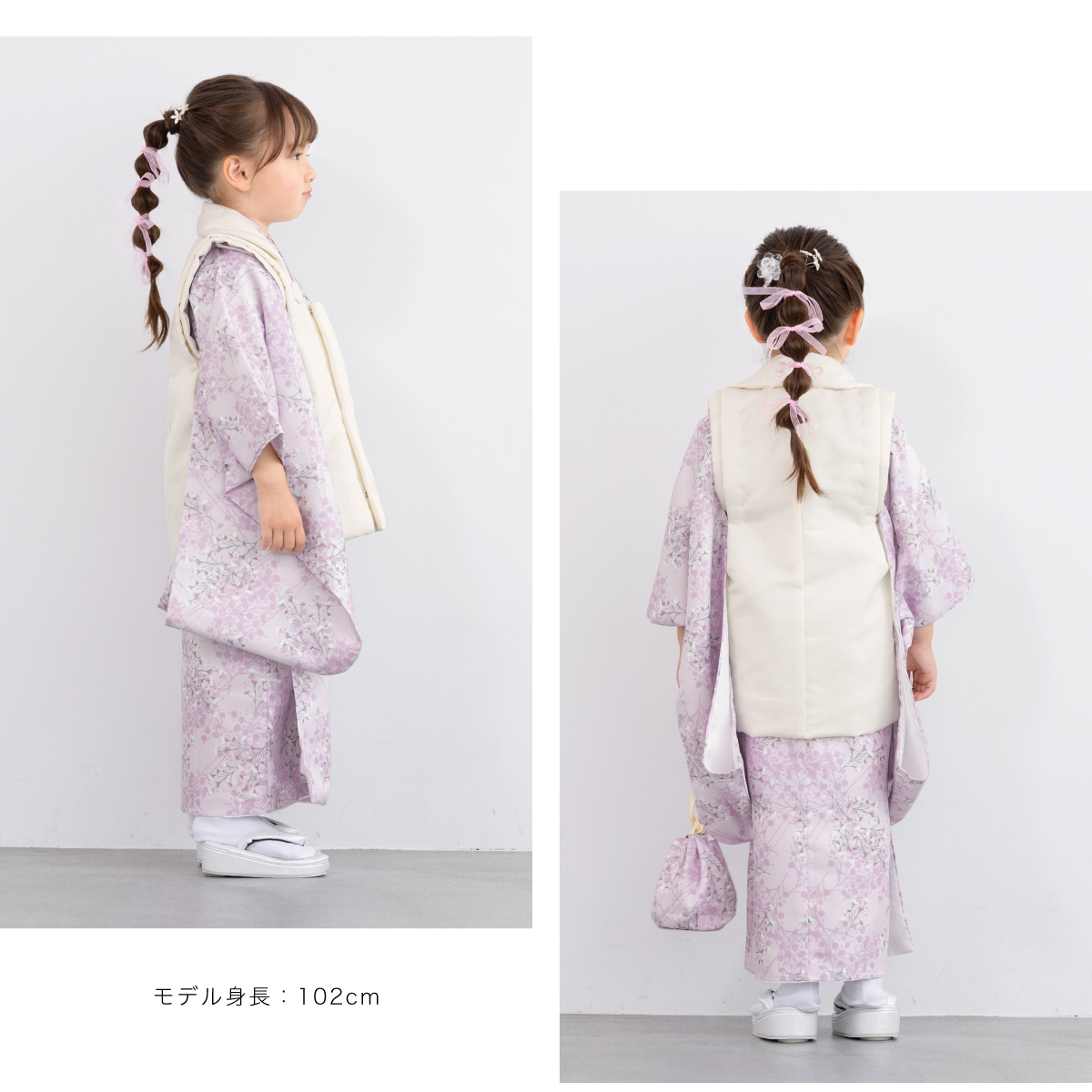 美品☆3歳☆白い被布＆紫花着物＆白草履小物 着物 七五三 購入 女児 三