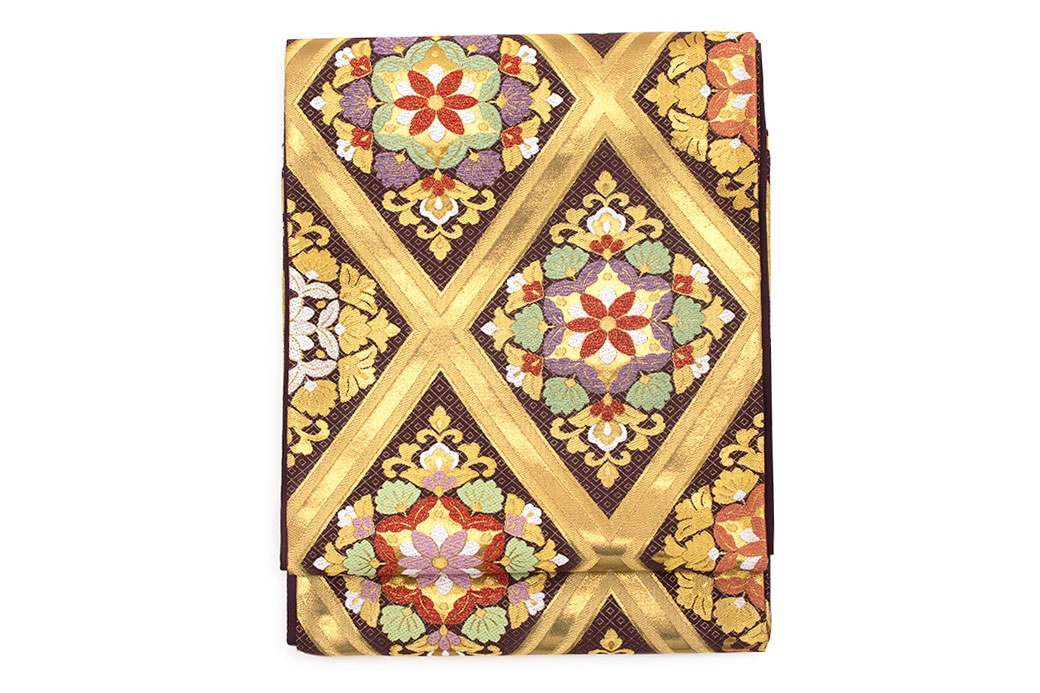 袋帯 訳あり 未仕立て 濃茶色 ブラウン 金色 ゴールド 唐花菱 二重襷