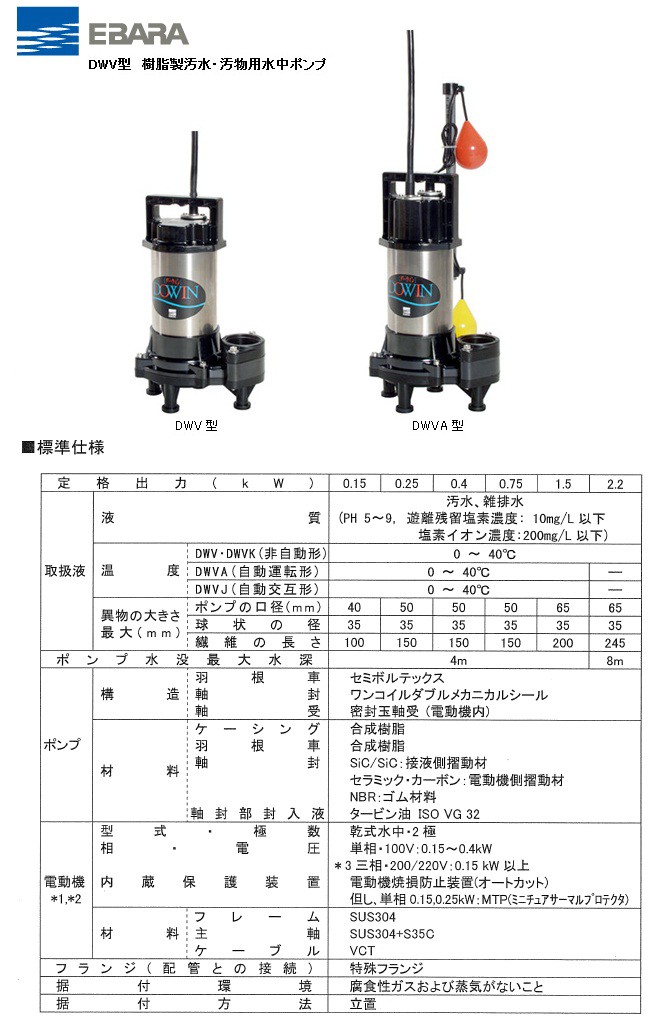 エバラポンプ 自動型 水中ポンプ 汚物用 排水ポンプ 50DWVA6.4SB