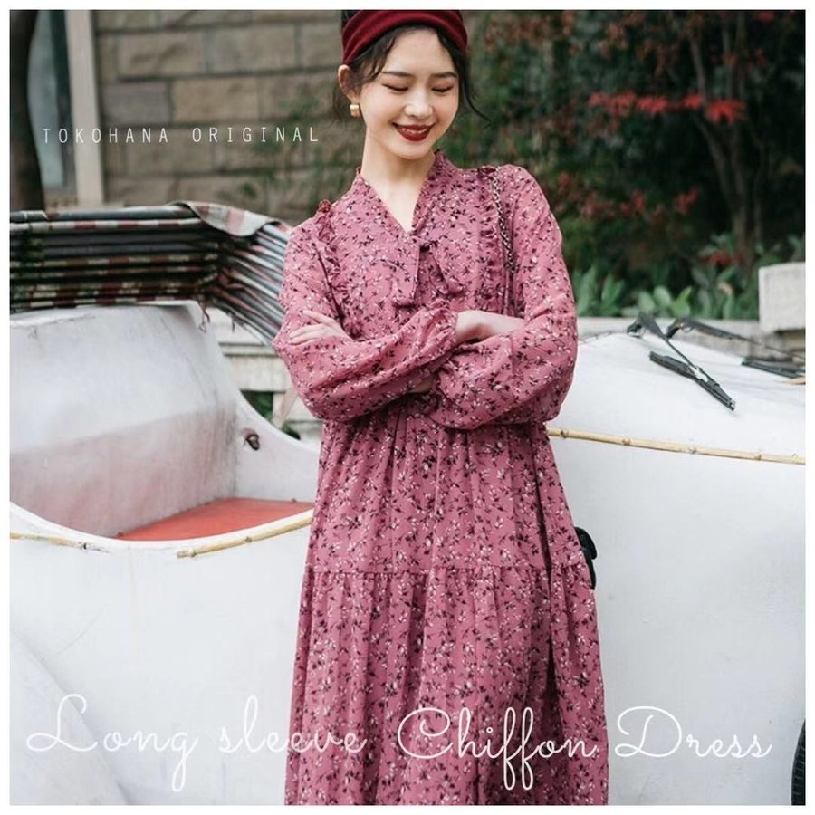 ワンピース レディース 夏 長袖 花柄 シフォン ロング 春 秋 きれいめ