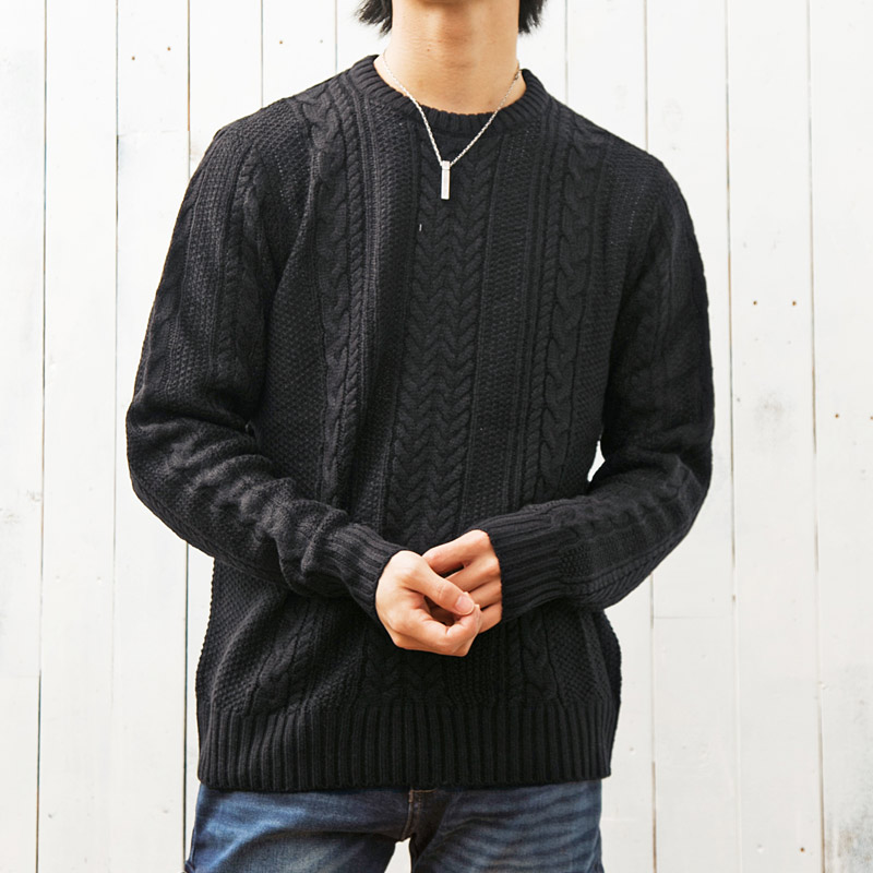 ニット メンズ ケーブルニット 無地 タートルネック クルーネック