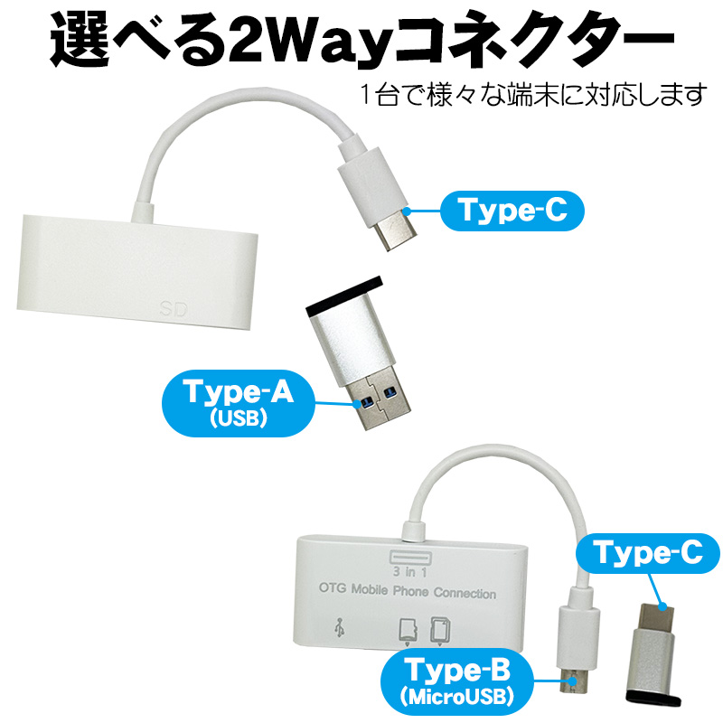 3in1 OTGアダプター USB SDカード Micro SD/TFカード対応 2Wayコネクタ